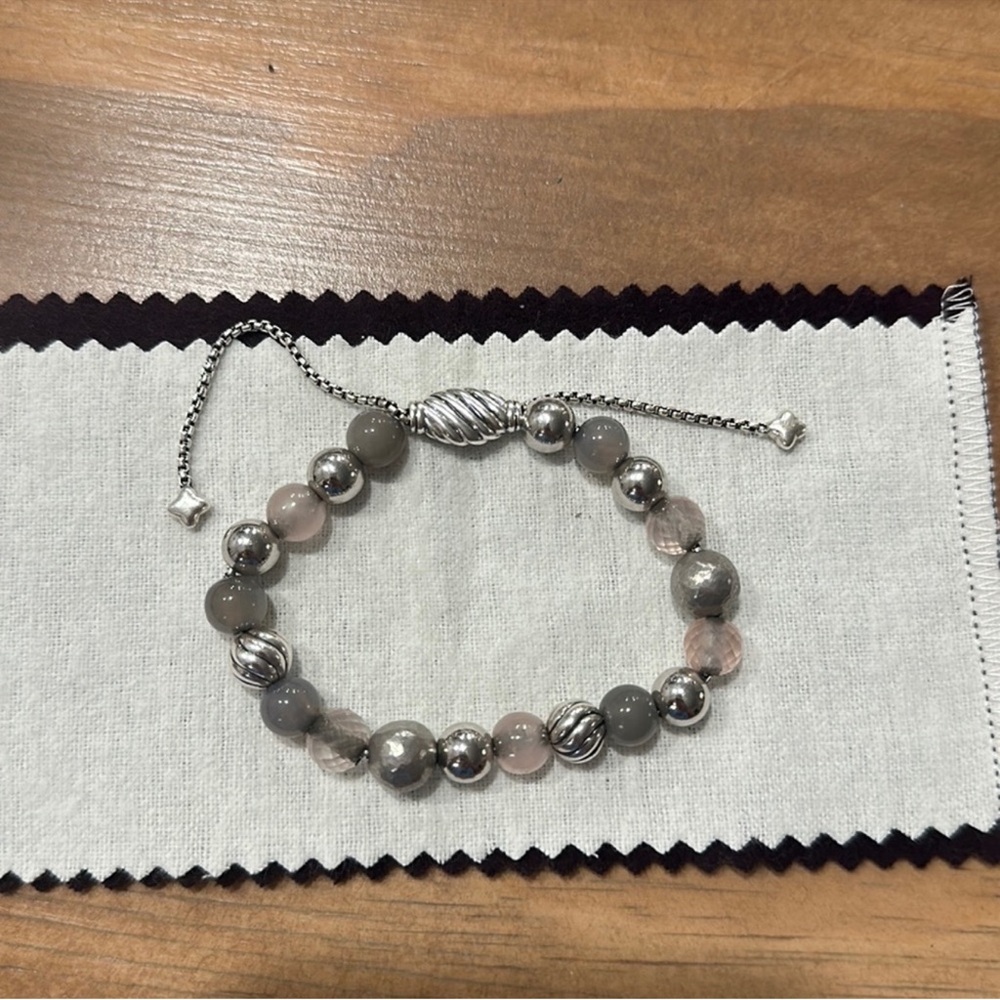 David Yurman Sterling Silver Tone Grey and Pink Beaded Adjustable Bracelet